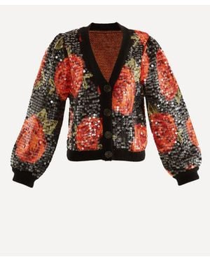 FARM Rio Latin Roses Sequin Knit Cardigan - Red