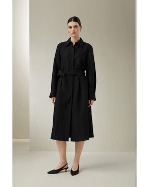 LILYSILK Damen Midi-Hemdblusenkleid Seide-Leinen Mischung - Schwarz