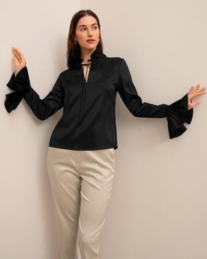 LILYSILK Damen Luxus Seidenbluse 22 Momme Mit Rüschen & Schleife - Schwarz