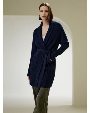 LILYSILK Damen Merino Wolljacke Schalkragen Rippenmuster - Blau