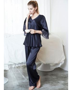LILYSILK Damen Seide Schlafanzug V-Hals Volant - Blau