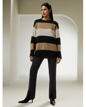 LILYSILK Femme Pull Cachemire Élégant À Rayures Noir Camel - Neutre