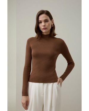 LILYSILK Damen Seide-Kaschmir Top Mit Stehkragen - Braun