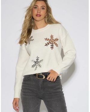 Gini London Off Sequin Snowflake Christmas Jumper - Natural