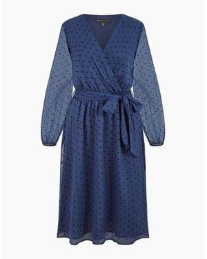 Mela London Dobby Spot V-Neck Wrap Midi Dress - Blue