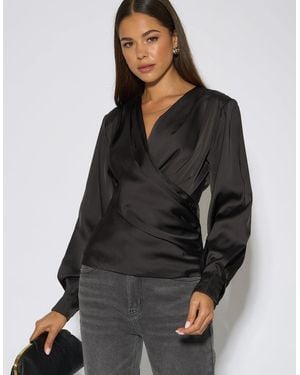 Gini London Satin Pleat Shoulder Wrap Top - Black