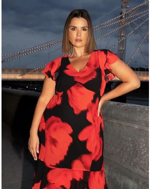 Live Unlimited London Floral Ruffle Shoulder Maxi Dress - Grey