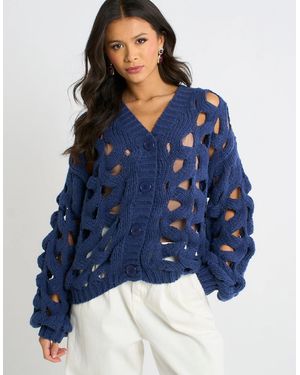 Gini London Hollow Chunky Knit Cardigan - Blue