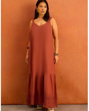 Live Unlimited London Terracotta Linen Blend Broderie Maxi Dress - Brown