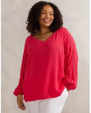 Live Unlimited London Raspberry Crinkle Crochet Insert Blouse - Red