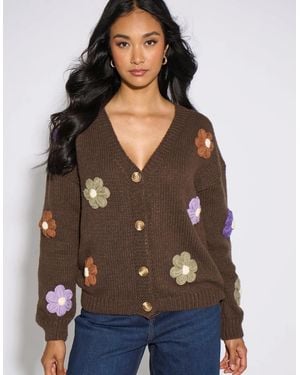 Gini London 3D Floral Sleeves Knit Cardigan - Brown