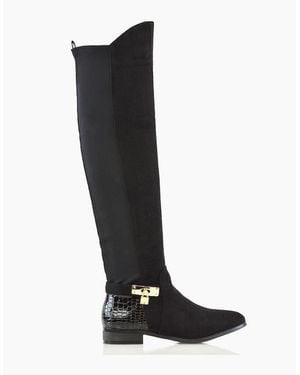 XY London Ladies Bella Crocodile Print Zip Elasticated Flat Thigh-High Boots - White