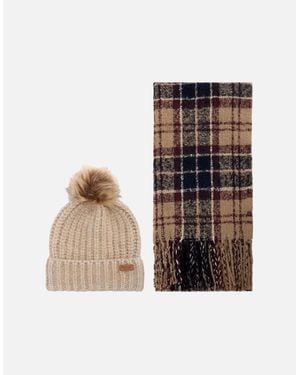 Barbour Saltburn Beanie & Tartan Scarf Set - Natural