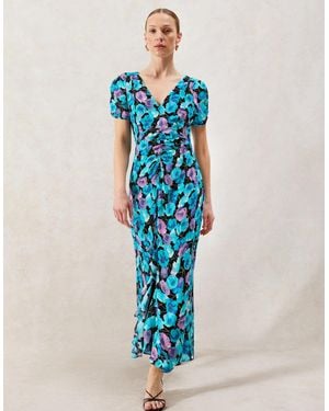 Ro&zo Mia Floral Frill Front Midi Dress - Blue