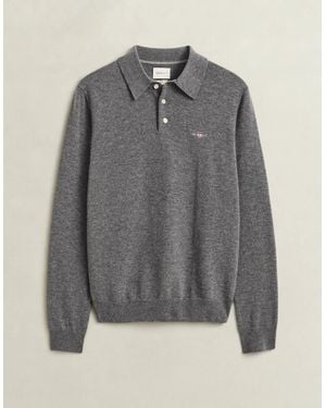 GANT Superfine Lambswool Long Sleeve Polo - Grey