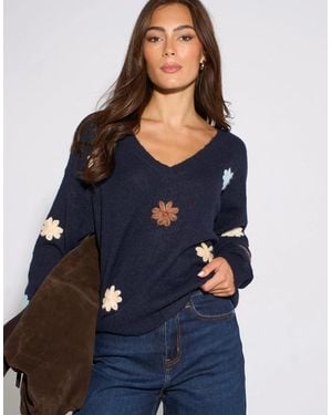 Gini London Crochet 3D Floral Knitted Jumper - Blue