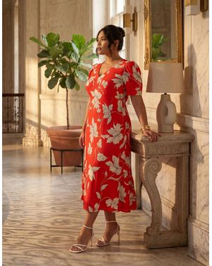 Live Unlimited London Floral V-Neck Puff Sleeve Midi Dress - Red