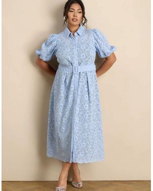 Live Unlimited London Pale Puff Sleeve Button Through Belted Lace Dress - Blue