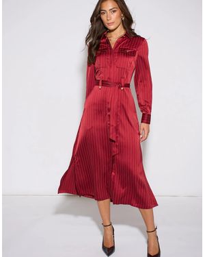 Gini London Mulberry Pinstripe Shirt Utility Belted Shirt Dress - Red