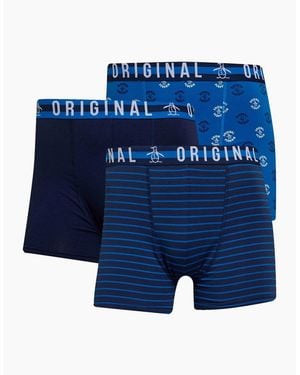 Original Penguin Trunks Assorted 3 Pack Boxer Stretch Soft Cotton Underwear - Blue