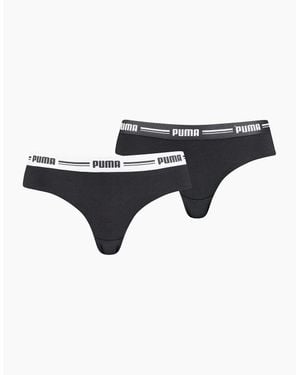 PUMA 2-Pack Striped Logo Mid-Rise Brazilian Briefs - Black