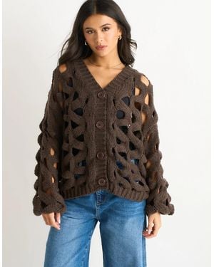 Gini London Chocolate Hollow Chunky Knit Cardigan - Brown