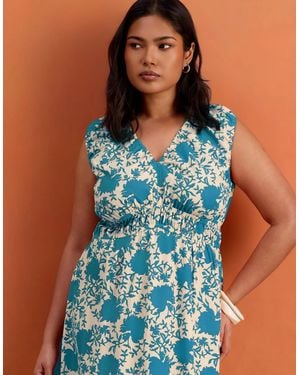 Live Unlimited London Petite Floral Print Cotton V Neck Ruched Maxi Dress - Blue