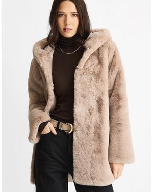 Gini London Mink Hooded Long Sleeve Faux Fur Jacket - Natural