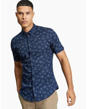 Ben Sherman Floral Geo Print Short Sleeve Shirt - Blue