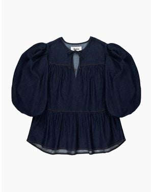 Ro&zo Dark- Puff-Sleeve Denim Top - Blue