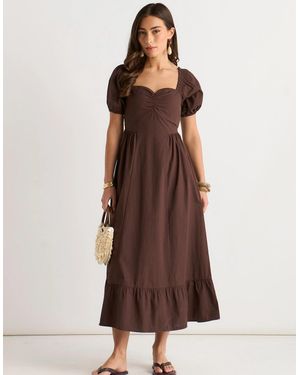 Gini London Gypsy Puff Sleeves Cotton Midaxi Dress - Brown