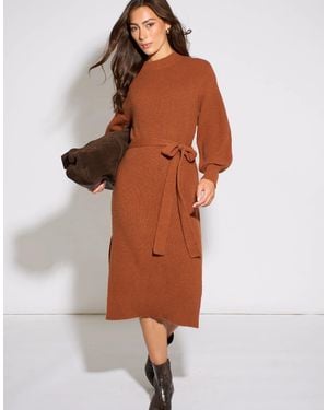 Gini London Tan Belted Knitted Long Sleeve Dress - Brown