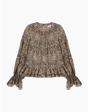 Ro&zo Leopard Print Ruffle Hem Chiffon Blouse - Brown