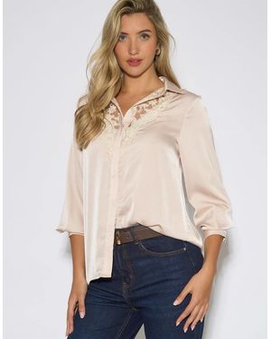 Gini London Champagne Lace Trim Neckline Long-Sleeve Shirt - White