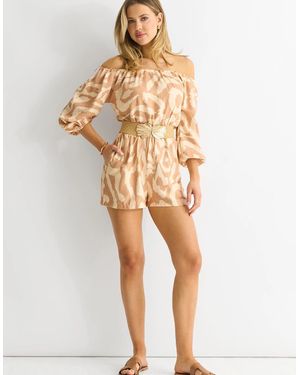 Gini London Abstract Belted Bardot Viscose Playsuit - Natural
