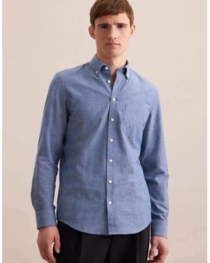 Seidensticker Slim Fit Button Down Linen Blend Chambray Shirt Mid - Blue