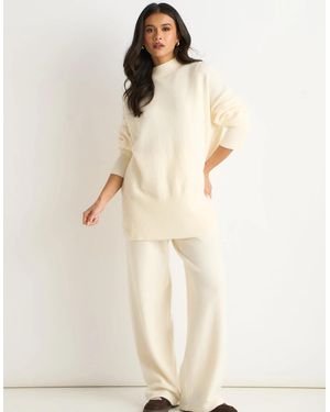 Gini London Off Knitted Pull On Wide Leg Trousers - Natural