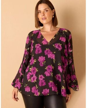 Live Unlimited London Floral Print V Neck Ruffle Blouse - Purple