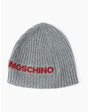 Love Moschino Logo Print Ribbed Knitted Beanie - Grey