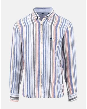 Fynch-Hatton Stripe Pattern Pure Linen Button Down Shirt Tangerine - Blue