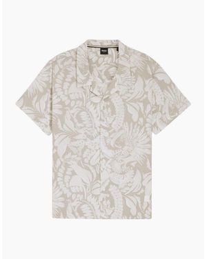BOSS Straight Fit Patterned Beach Shirt - White