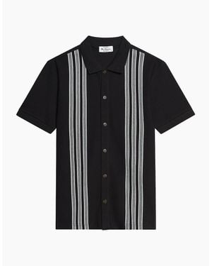 Ben Sherman Birdseye Stripe Button-Up Short Sleeve Polo Shirt - Black