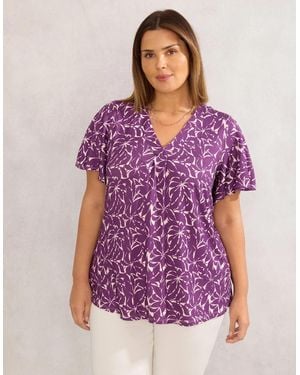 Live Unlimited London Leaf Jersey Pleat Front Flutter Sleeve Top - Purple