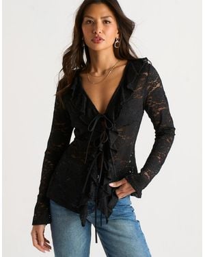 Gini London Jersey Lace Ruffle Tie Front Blouse - Black