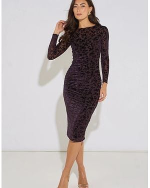 Gini London Floral Velour Ruched Front Burnout Midi Dress - Purple