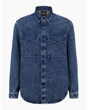 BOSS Solid Patterned Denim Jacket With Chest Pocket - Blue