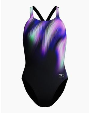 Speedo Ladies Placement Printed Powerback One Piece Swimsuit - Blue