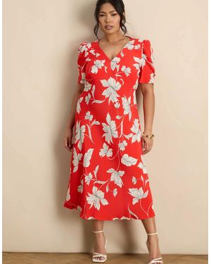 Live Unlimited London Petite Floral V-Neck Puff Sleeve Midi Dress - Red