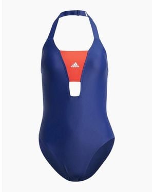 adidas Colour Block Halter Neck One Piece Swimsuit - Blue
