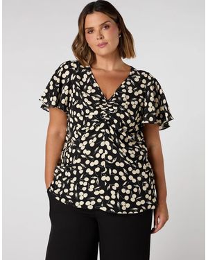 Live Unlimited London Cherry Print Ruched Flutter Sleeve Top - Black